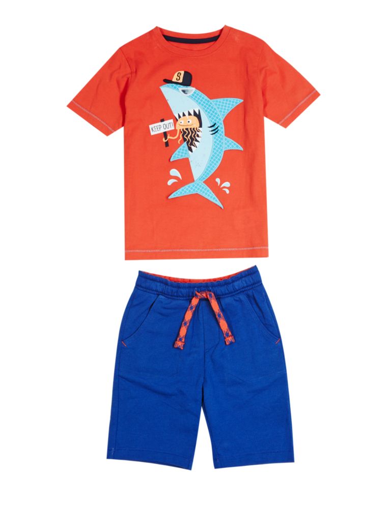 2 Piece Pure Cotton Shark Print T-Shirt & Shorts Outfit (1-7 Years) 2 of 6