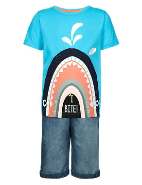 2 Piece Pure Cotton Shark T-Shirt & Shorts Outfit (1-7 Years) Image 2 of 5