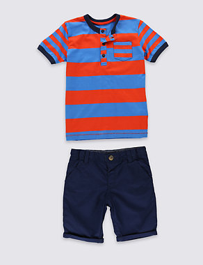 2 Piece Pure Cotton Striped Granddad T-Shirt & Shorts Outfit (1-7 Years) Image 2 of 3