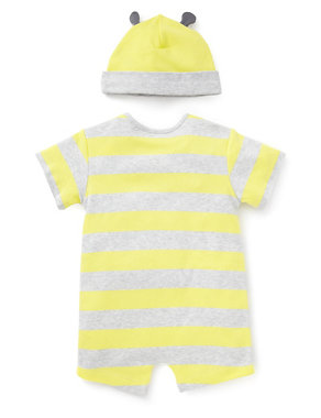 2 Piece Pure Cotton Striped Sleepsuit with Bee Hat Image 2 of 3
