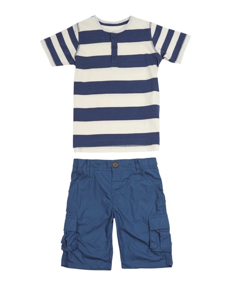 2 Piece Pure Cotton Striped T-Shirt & Shorts Outfit (1-7 Years) 2 of 3