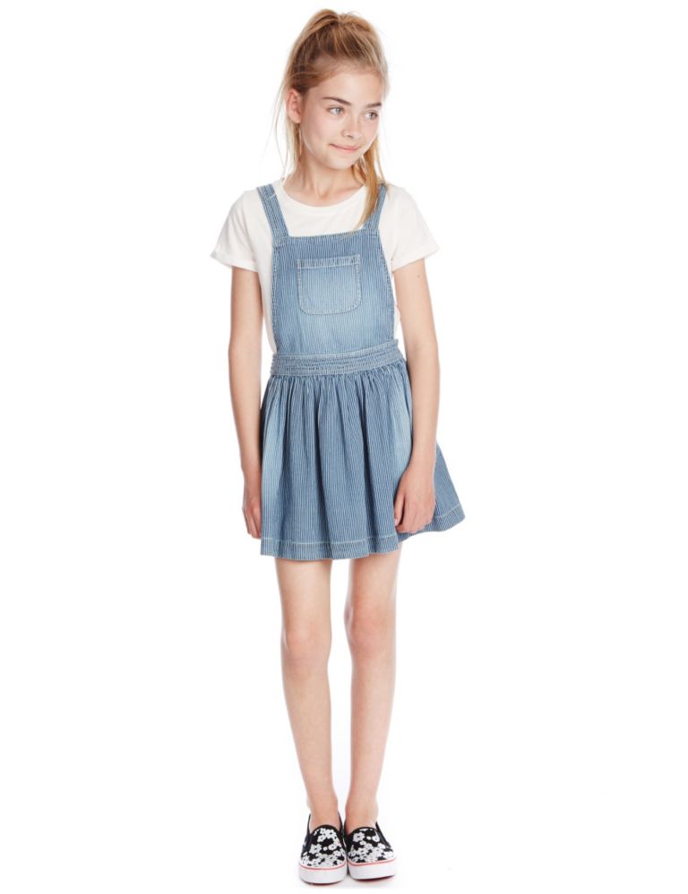 2 Piece Pure Cotton T-Shirt & Denim Pinafore Outfit (5-14 Years) 1 of 3