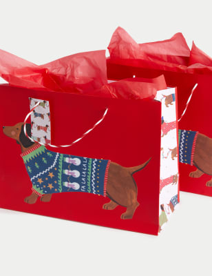 2 Sausage Dog Large Christmas Gift Bags Tissue Paper Pack M S