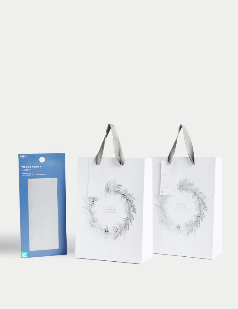 2 Silver Wreath Medium Christmas Gift Bags & Tissue Paper M&S