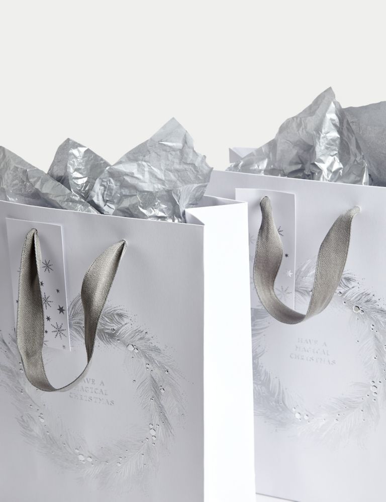 2 Silver Wreath Medium Christmas Gift Bags & Tissue Paper