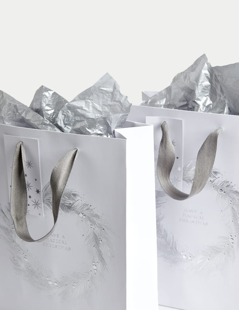2 Silver Wreath Medium Christmas Gift Bags Tissue Paper M S