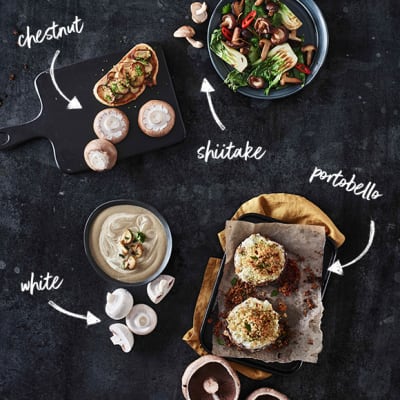 Chestnut mushrooms on sourdough, shiitake mushrooms in a stir fry, mushroom soup and stuffed portobello mushrooms