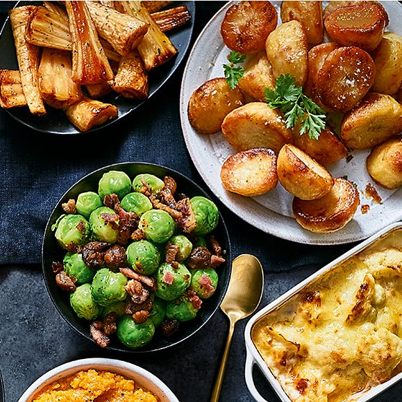 Brussels sprouts and roasted parsnips and potatoes