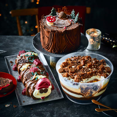 Christmas Colin the Caterpillar, woodland yule log cake and sticky toffee pudding trifle