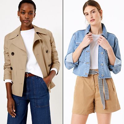 Woman wearing beige peacoat and jeans, woman wearing beige shorts and denim jacket