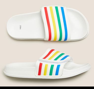 Kids’ rainbow-stripe pool slider sandals