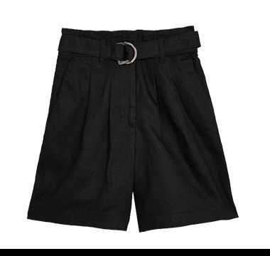 Black linen belted high-waisted shorts
