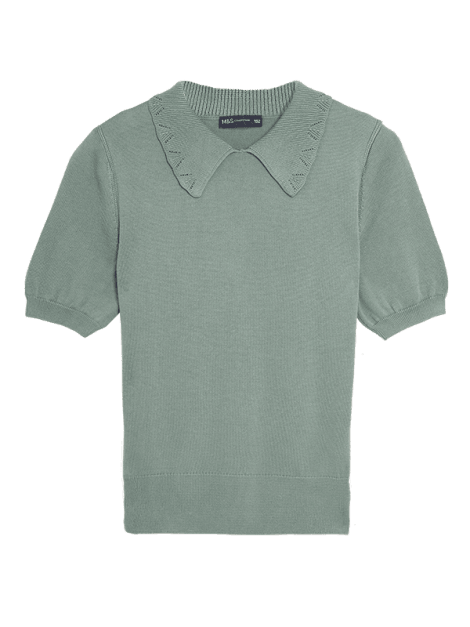 Green short-sleeved knitted top with collar