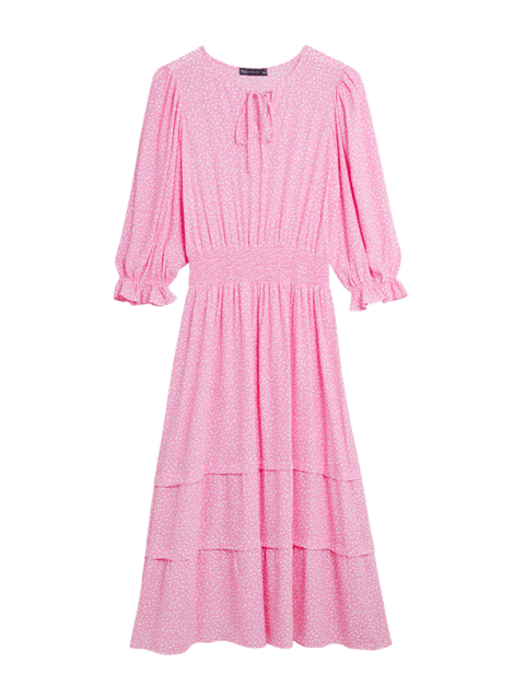 Pink floral-print midi dress with long sleeves