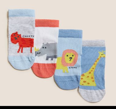 Four pairs of baby socks with animal designs. Shop now