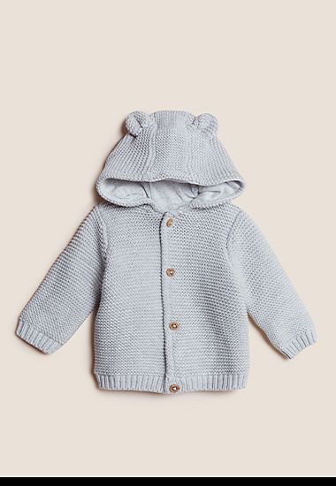 Grey knitted baby cardigan with ear detailing on hood. Shop now