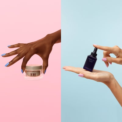 Hand holding Emma Hardie Moringa cleansing balm; hand holding Formula Absolute night oil