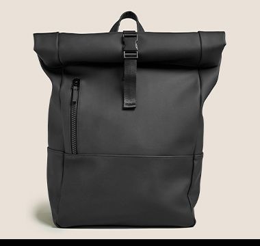 Black rubberised roll-top commuter backpack