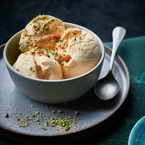 Blood orange frozen yogurt with crushed pistachios
