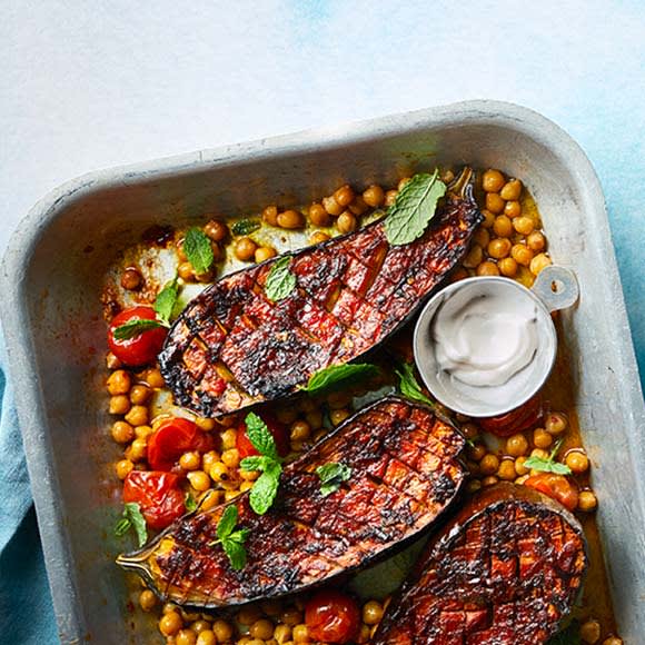 Sticky harissa-baked aubergine with crispy chickpeas