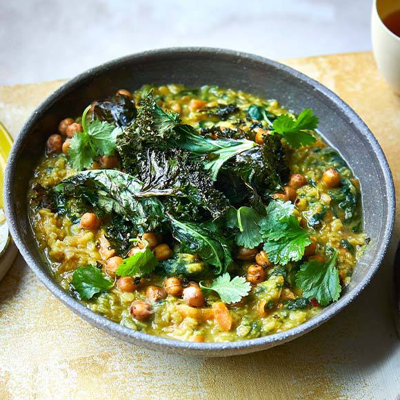 Warming winter dahl with crispy chickpeas and kale