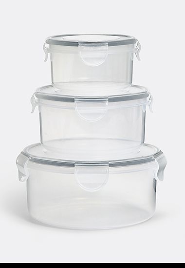 Set of three round plastic food storage containers