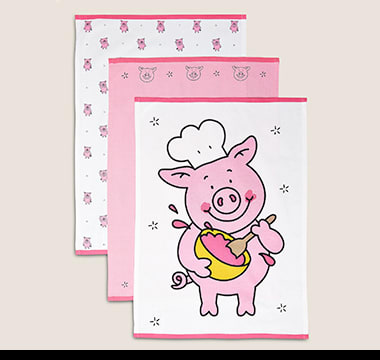 Set of three Percy Pig tea towels. Shop now