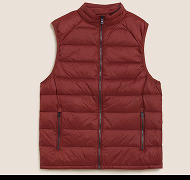 Dark red feather and down padded gilet. Shop now