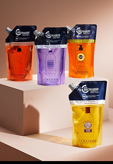 Selection of refillable L’Occitane shower gel pouches. Shop L’Occitane
