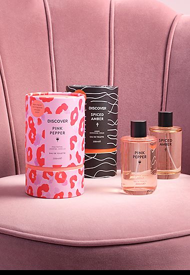 A selection of Discover fragrances including pink pepper and spiced amber. Shop now