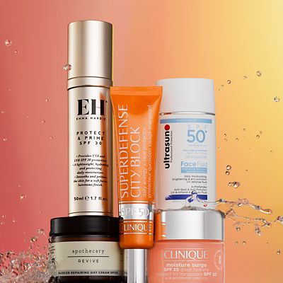 Group of SPF skincare products including Emma Hardie, Clinique and Apothecary. Shop all skincare 