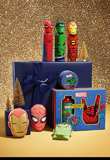 A selection of Marvel bathtime gifts including bath fizzers, body wash and bath foam. Shop kids’ gifts