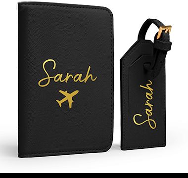 Personalised faux leather passport holder and luggage tag. Shop now