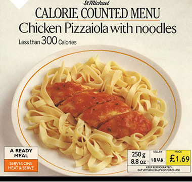 Calorie Counted St Michael Chicken Pizzaiola with noodles packaging, 1985