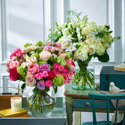 Bright bouquets in glass vases