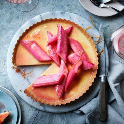 Poached rhubarb and custard tart