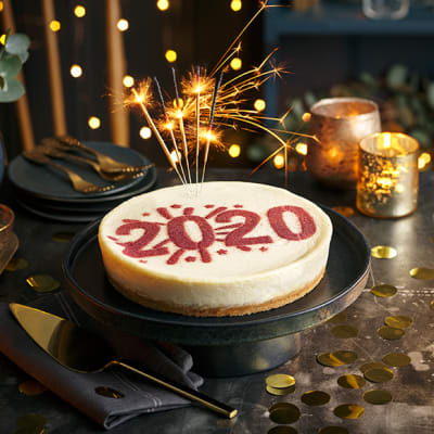 New York 2020 cheesecake, pictured with sparklers 