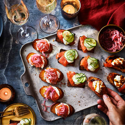 Smoked salmon toast, blinis and crostini