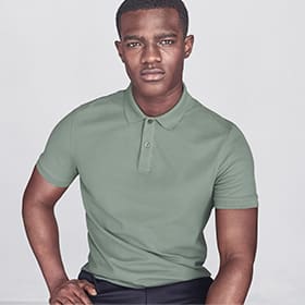 Man wearing pale green polo shirt