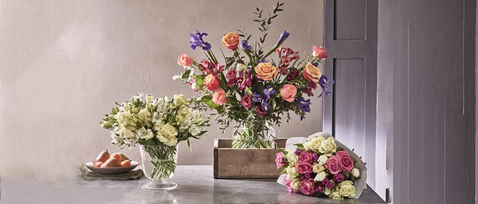 	 Selection of Mother's Day bouquets in vases with a box of champagne truffles