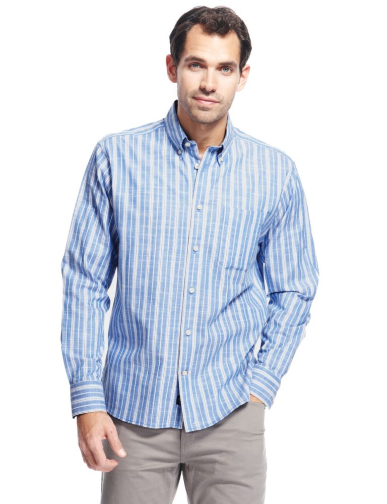 2in Longer Luxury Pure Cotton Fine Slub Striped Shirt 1 of 4