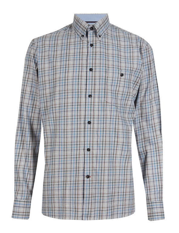 2in Longer Luxury Pure Cotton Marl Checked Shirt Image 1 of 2