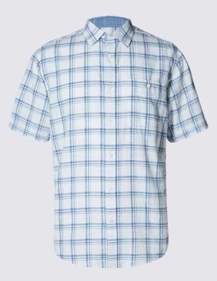 2in Longer Pure Cotton Short Sleeve Slub Checked Shirt Image 2 of 4