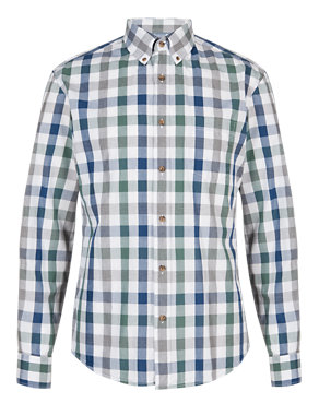 2in Longer Pure Cotton Tailored Fit Block Checked Shirt Image 2 of 5