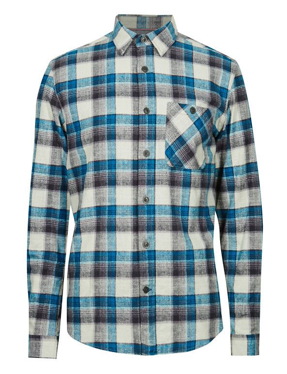 2in Longer Pure Cotton Tailored Fit Brushed Flannel Checked Shirt Image 1 of 2