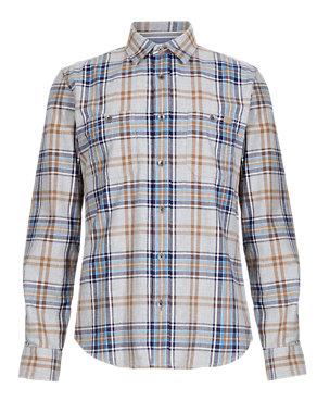2in Longer Pure Cotton Tailored Fit Melange Laundered Checked Shirt Image 2 of 4
