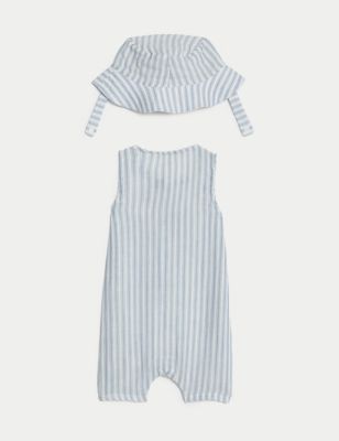 2pc Cotton Pure Cotton Striped Romper and Hat (0–3 Yrs) Image 2 of 4