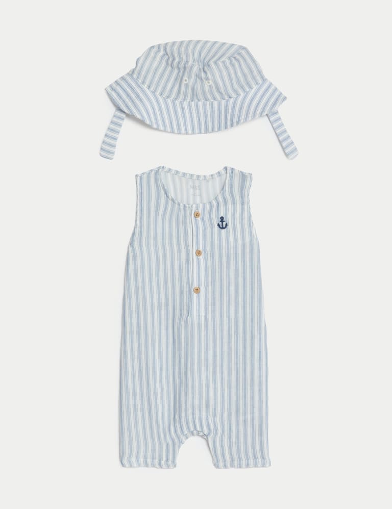 2pc Cotton Pure Cotton Striped Romper and Hat (0–3 Yrs) 1 of 4