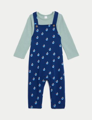 2pc Cotton Rich Boat Print Dungaree Outfit (0-3 Yrs) Image 2 of 10