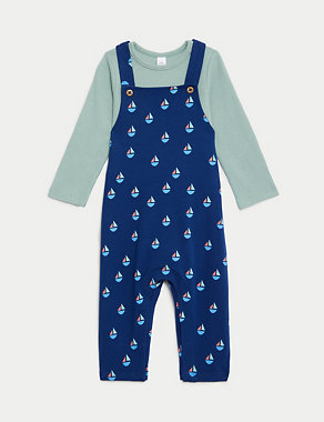 2pc Cotton Rich Boat Print Dungaree Outfit (0-3 Yrs) Image 2 of 10